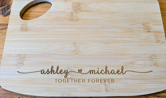Personalised Couples Name Bamboo Cutting Board Gift - Engraved Rustic Kitchen Essential