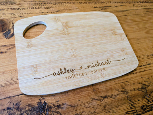 Personalised Couples Name Bamboo Cutting Board Gift - Engraved Rustic Kitchen Essential