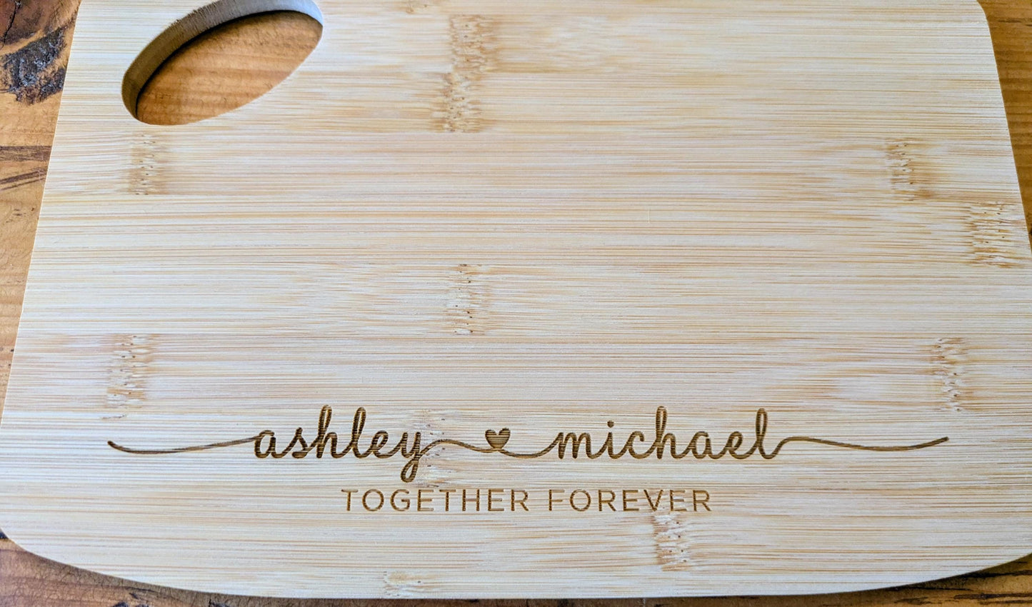 Personalised Couples Name Bamboo Cutting Board Gift - Engraved Rustic Kitchen Essential