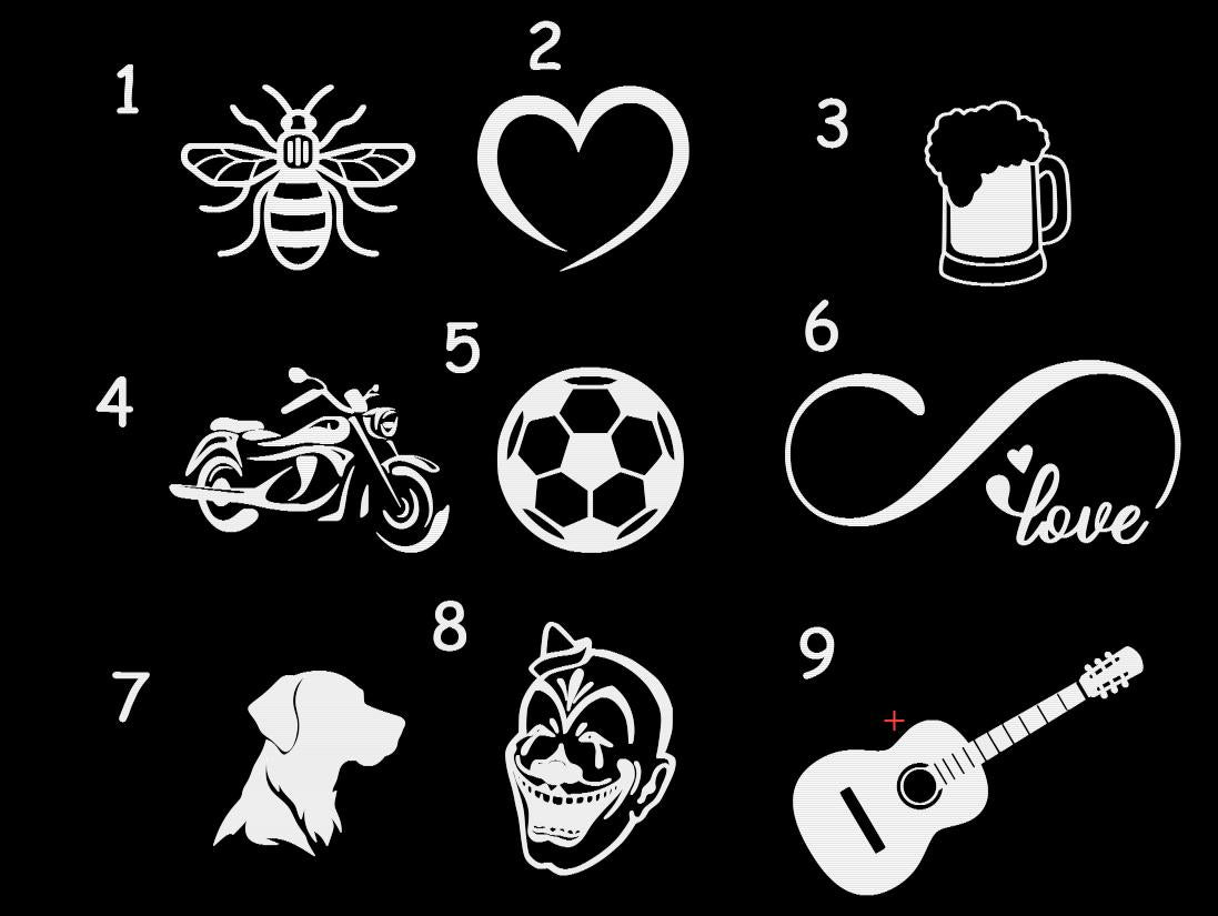 Selection of custom engraving icons including heart, dog, guitar, and more for personalising the leather grooming kit.