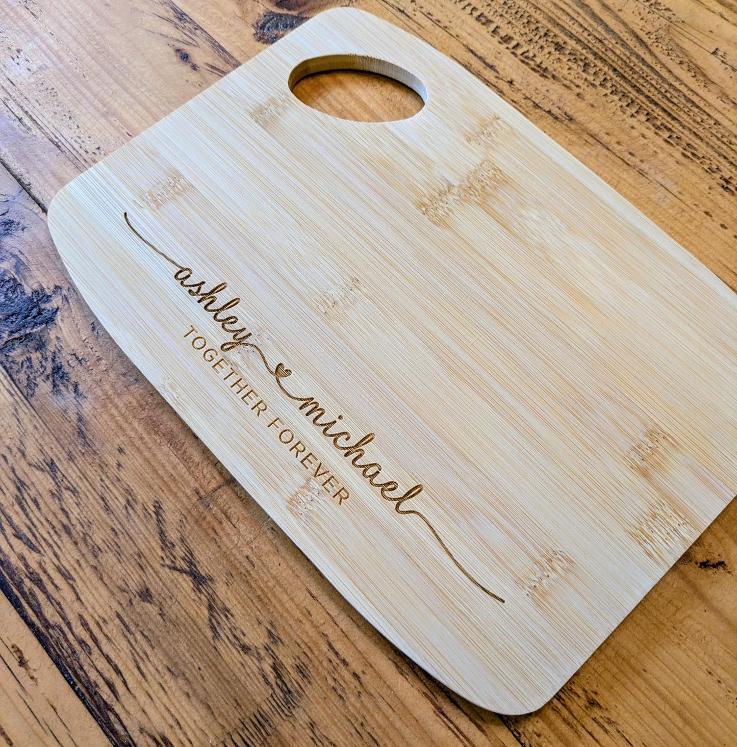 Personalised Couples Name Bamboo Cutting Board Gift - Engraved Rustic Kitchen Essential