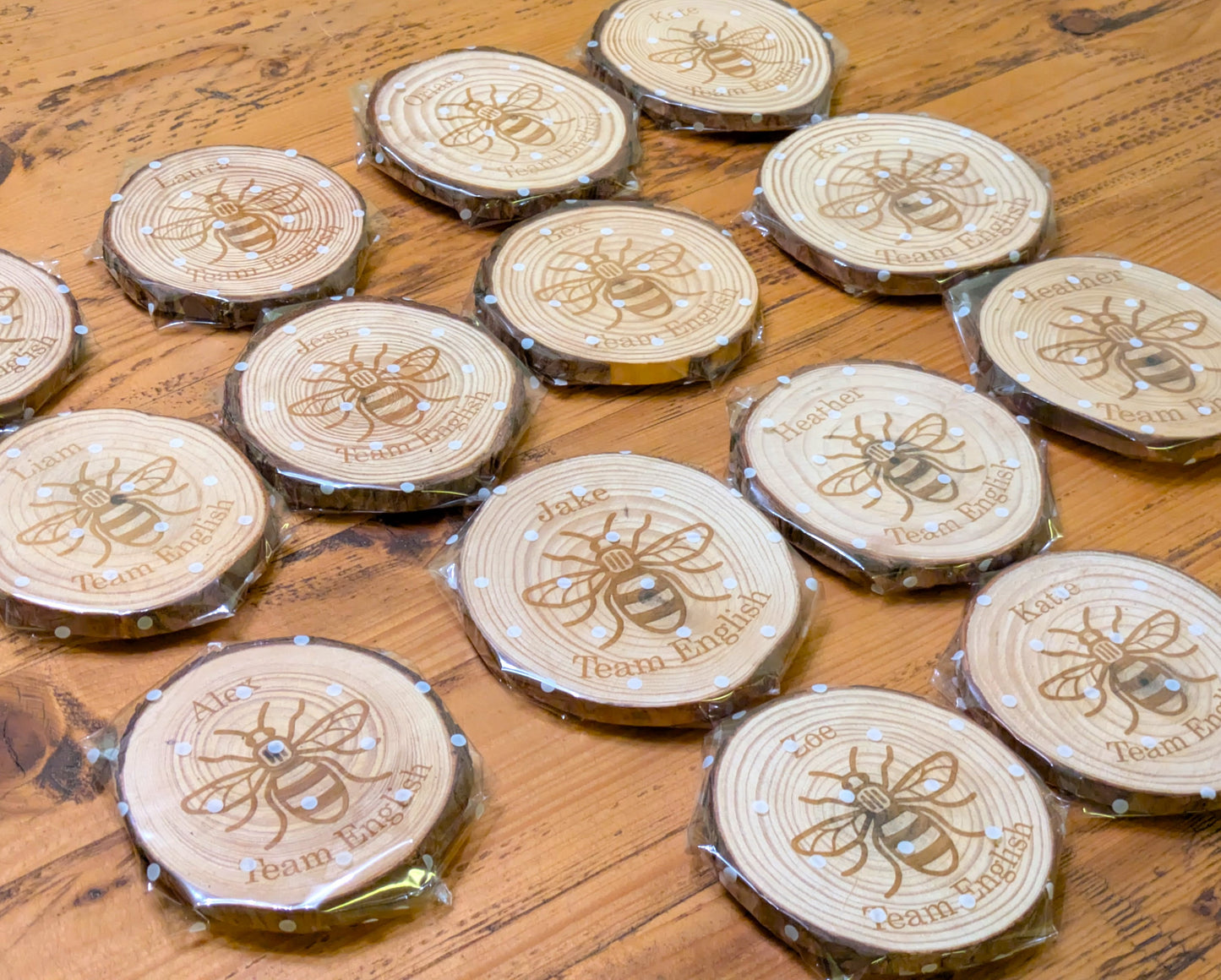 Rustic Elegance Engraved Wood Coasters – Set of 10 Personalised Event & Wedding Favours