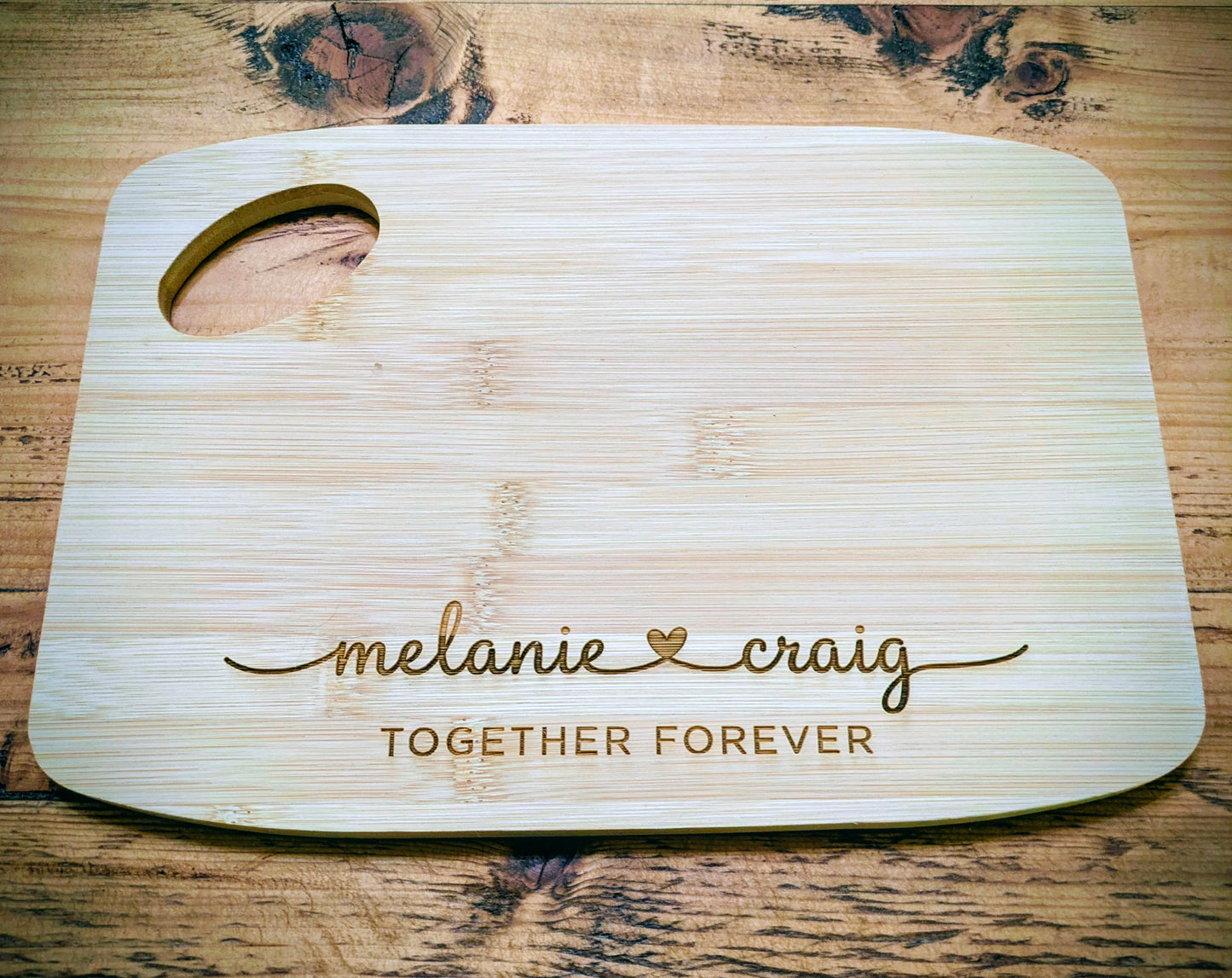 Personalised Couples Name Bamboo Cutting Board Gift - Engraved Rustic Kitchen Essential