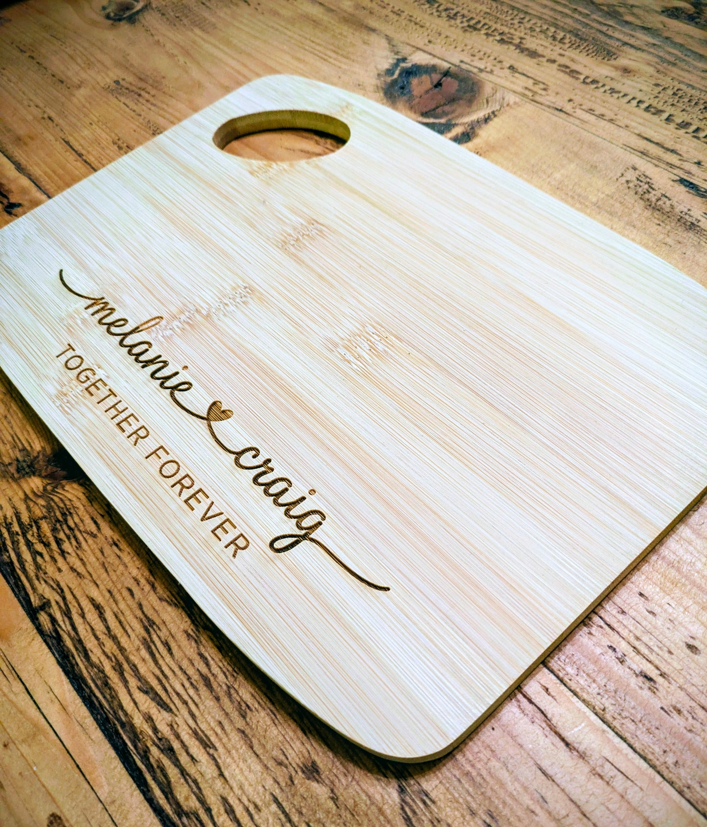 Personalised Couples Name Bamboo Cutting Board Gift - Engraved Rustic Kitchen Essential