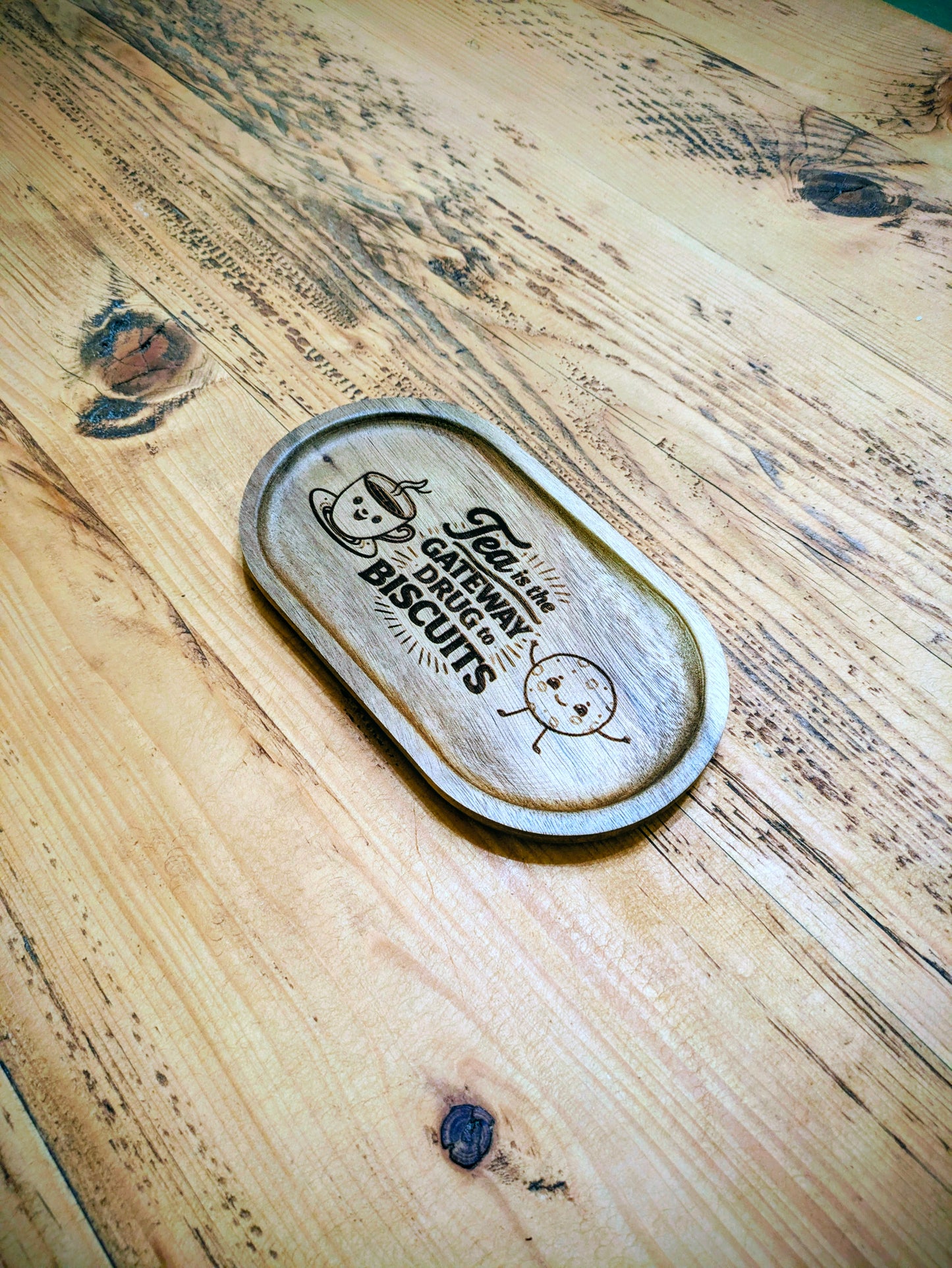 Funny Tea Tray – “Tea Is the Gateway Drug to Biscuits” Engraved Wooden Tray